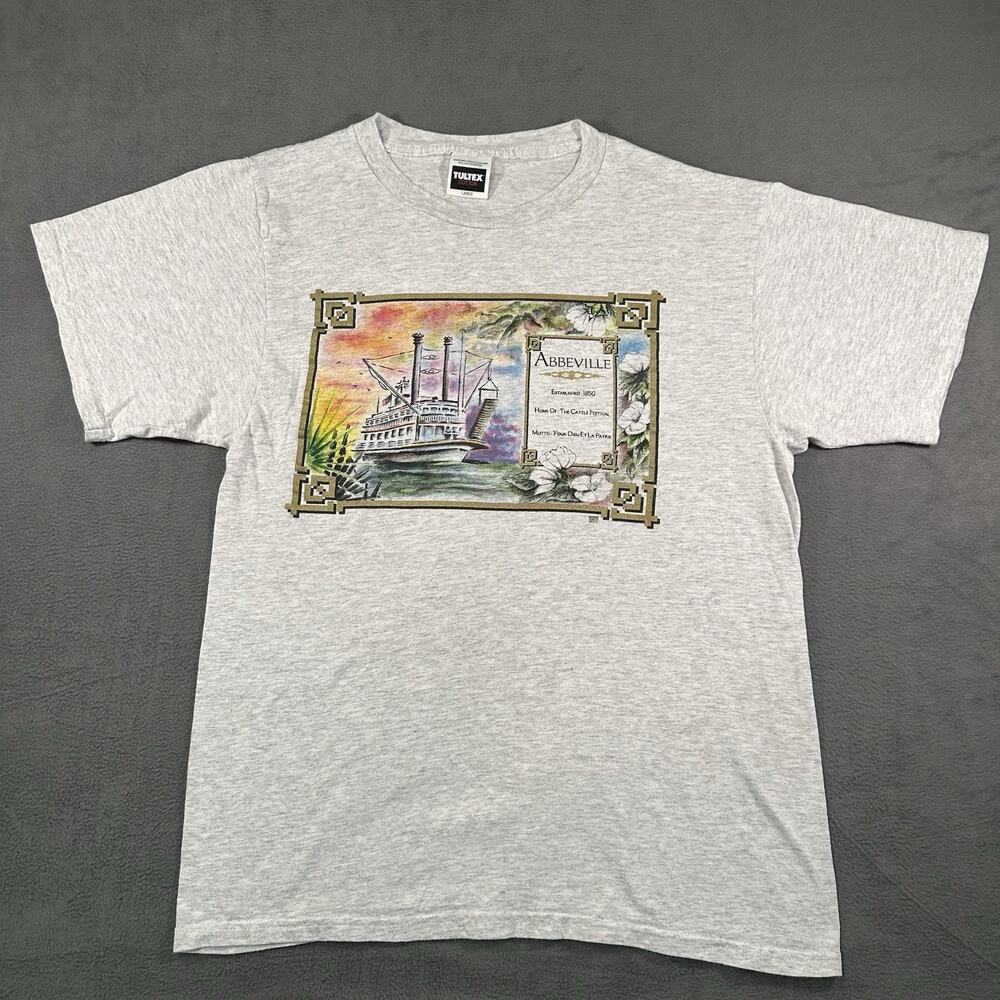 Vintage 90s Tultex Abbeville Louisiana Riverboat Tourist Gray Graphic Tee Size L
